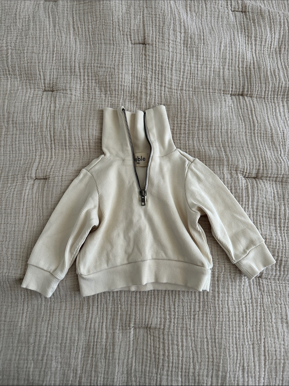 Kids Ribbed Half-Zip Hoodie in Cream